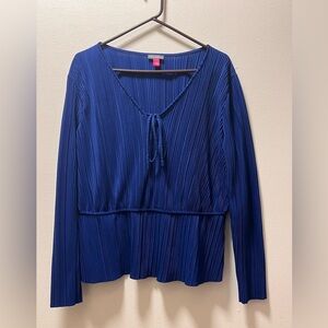 Vince Camuto Chic Stylish Long Sleeve Pleated Elegant V-Neck, Sz L, Jewel Blue